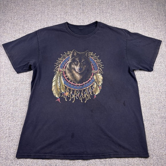 WOLF Other - Y2K Wolf Dreamcatcher Graphic T Shirt XL Native American Nature Black VTG